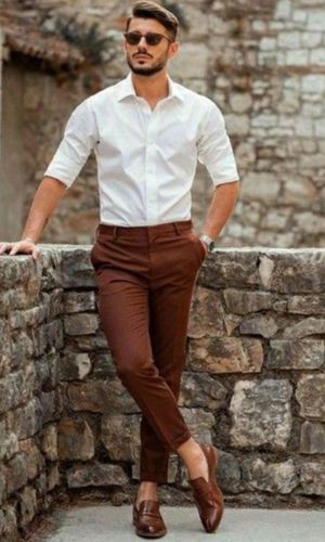 White Shirt & Brown Leather Pants: