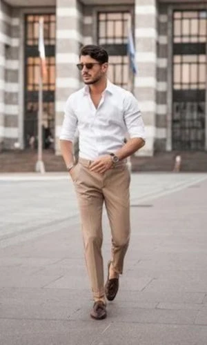 White Shirt & Light Beige Trousers: 