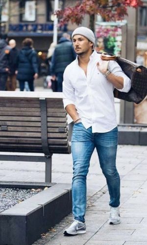 White Shirt & Navy Blue Chinos: 