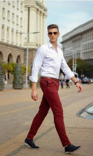 White Shirt & Maroon Pants: